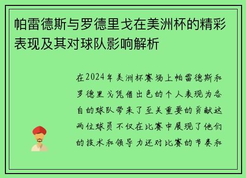 帕雷德斯与罗德里戈在美洲杯的精彩表现及其对球队影响解析