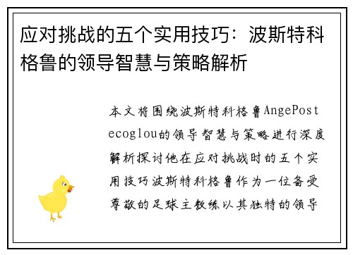 应对挑战的五个实用技巧：波斯特科格鲁的领导智慧与策略解析
