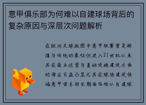 意甲俱乐部为何难以自建球场背后的复杂原因与深层次问题解析