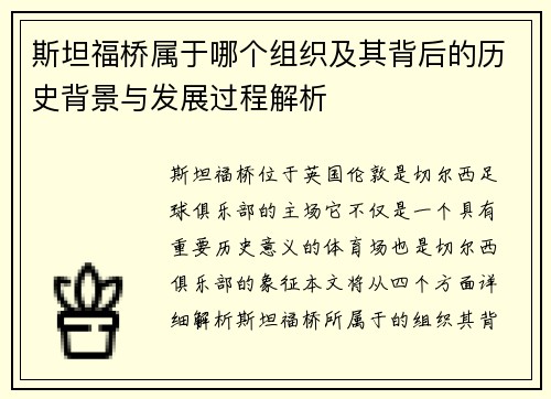 斯坦福桥属于哪个组织及其背后的历史背景与发展过程解析